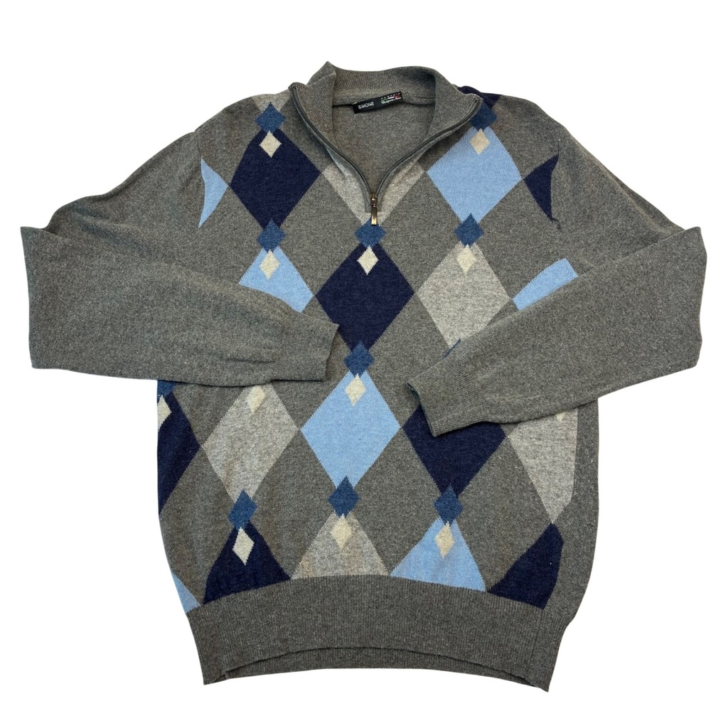 Simone Quarter Zip Sweater Mens L Grey Argyle Merino Cashmere Made in Italy - Picture 2 of 9